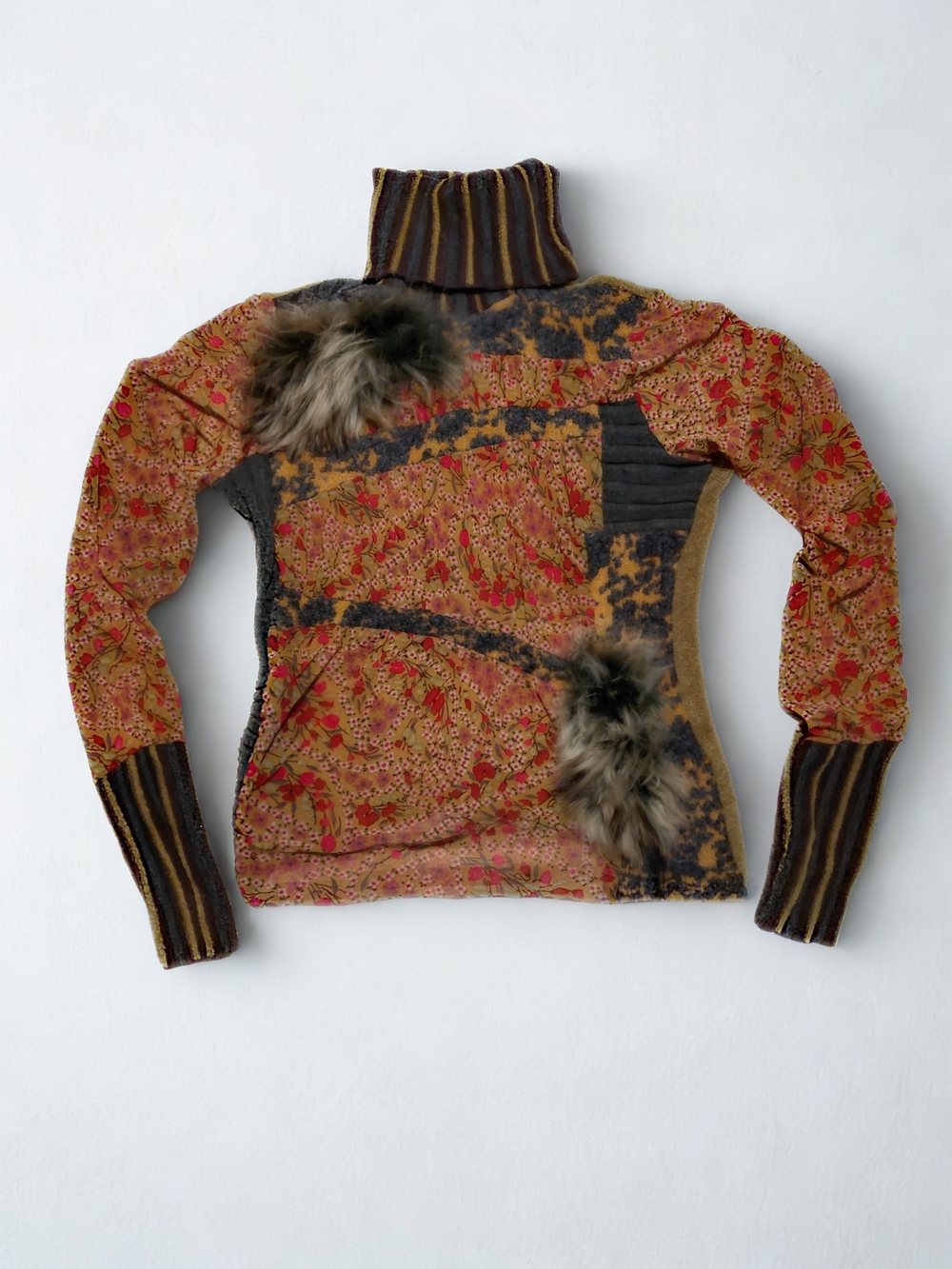 TRICOT CHIC Italy Vintage Mixed Media Patchwork Turtleneck Top Mesh Detail